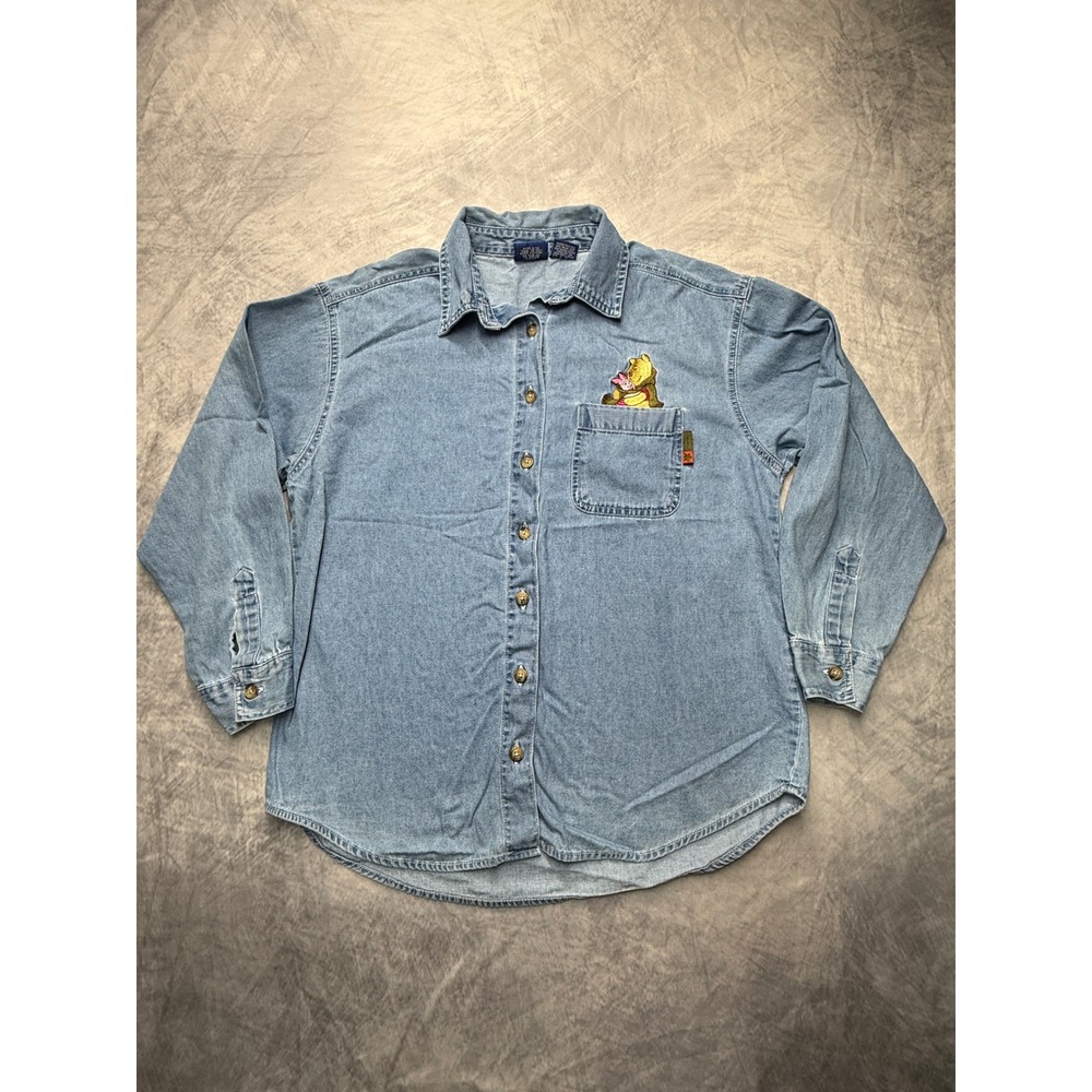Vtg Disney Denim Button Down Shirt womens M Embroidered Winnie the Pooh Piglet